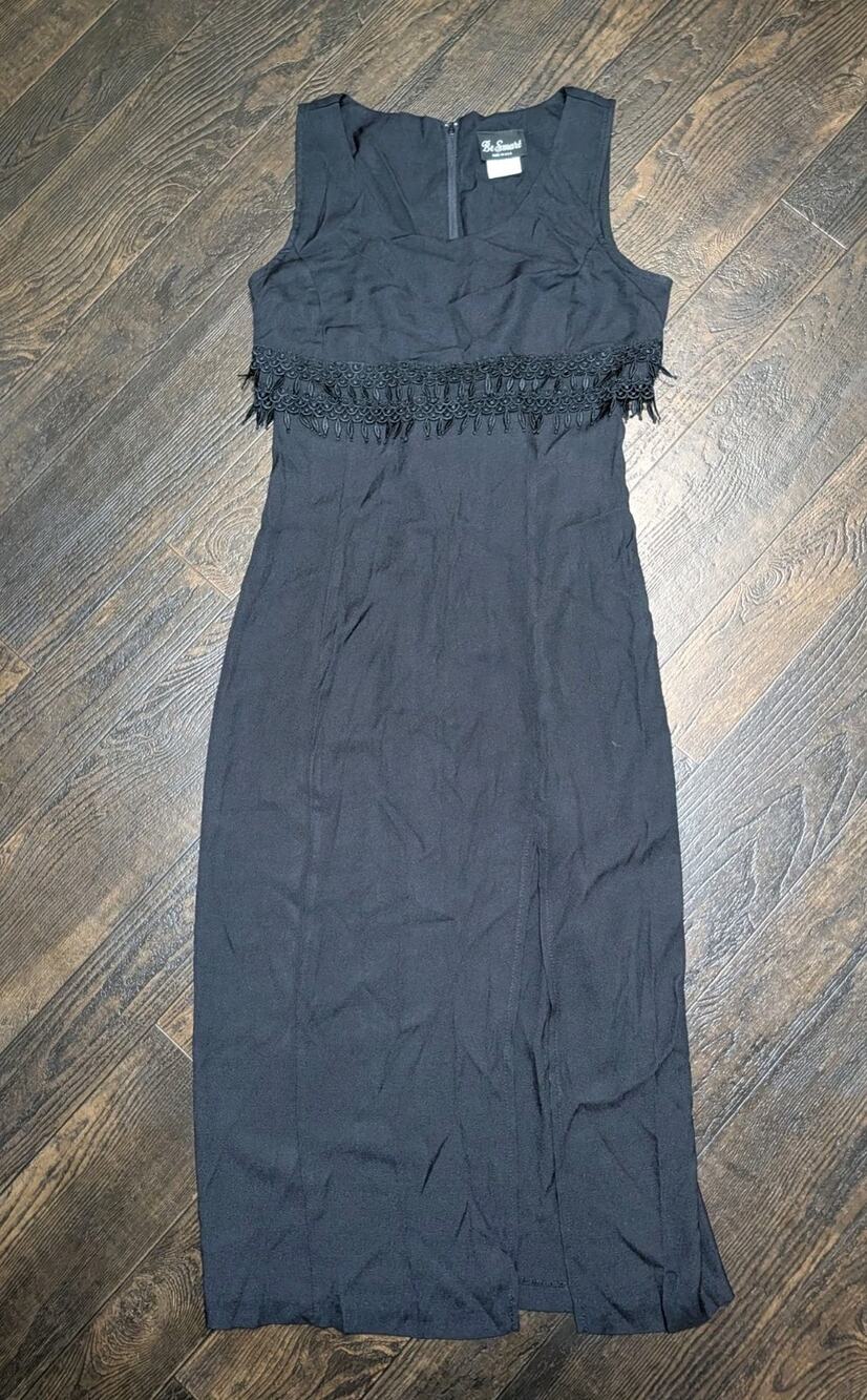 VTG 90s Black Corset Lace Up Back Dress Fringe Macrame Trim Sz 11/12 USA